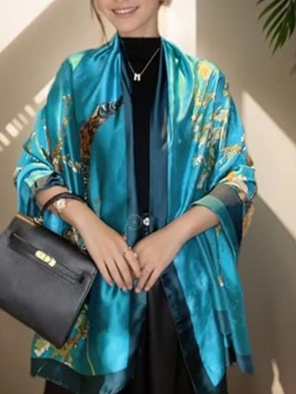 Blue Large Silk Feeling Scarf-Women's Fashion Long Mulberry Silk Satin Neck